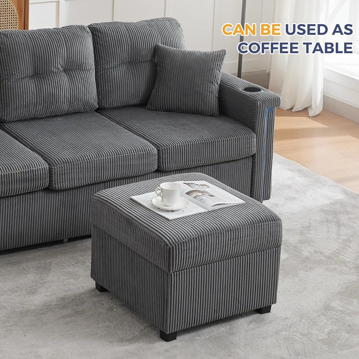 Ottoman with Storage 57CM Corduroy Footstool - Image 3
