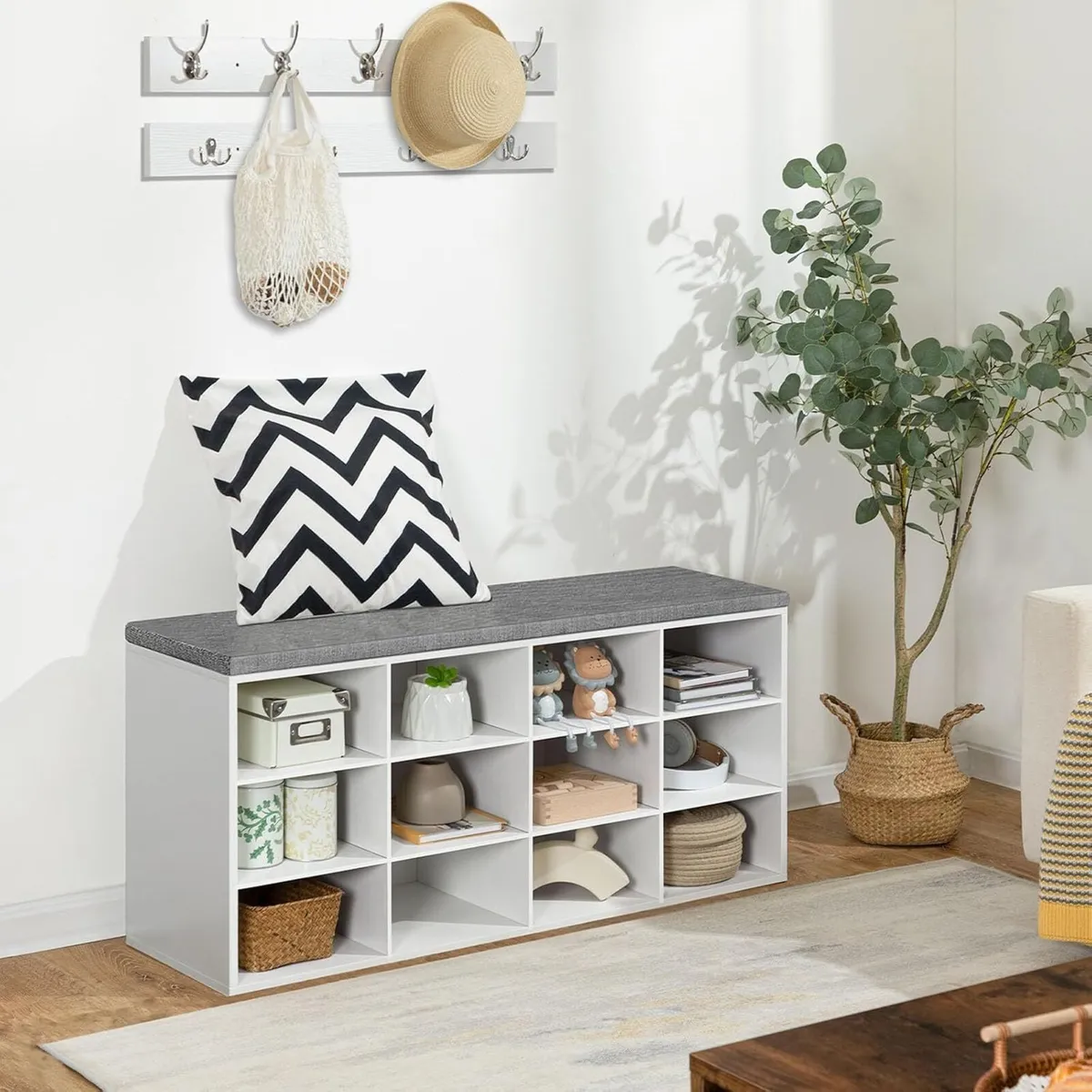 Shoe Storage Bench with Cushion and Coat Hooks - Image 4