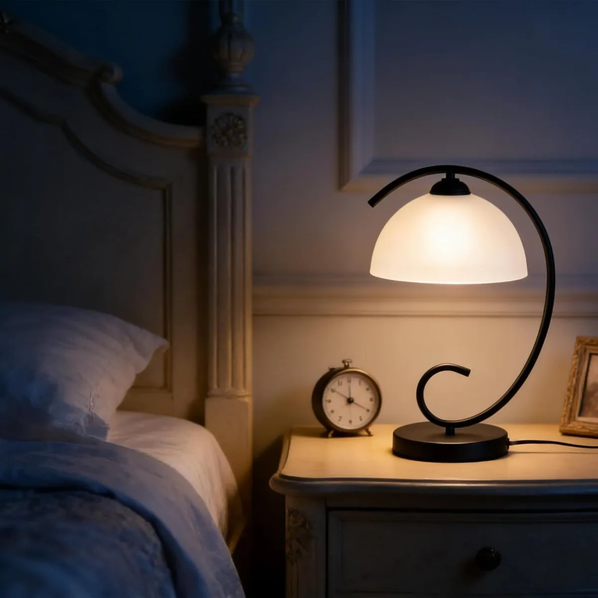 Table Lamp with Glass Shade Vintage Metal Bedside - Image 3