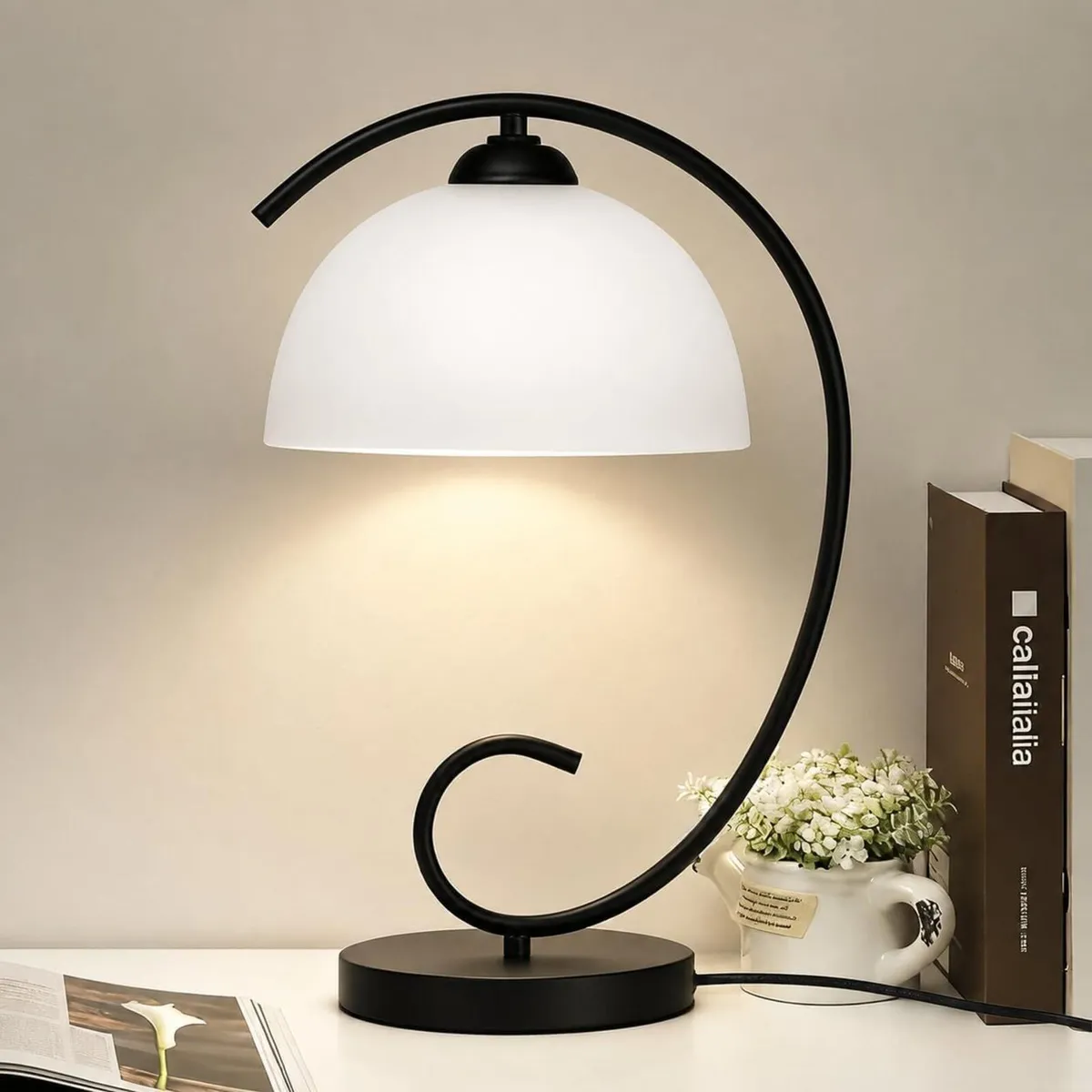 Table Lamp with Glass Shade Vintage Metal Bedside - Image 1
