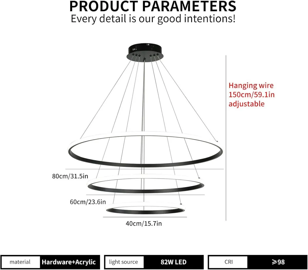 LED Pendant Light Dimmable 3 Ring Acrylic - Image 2