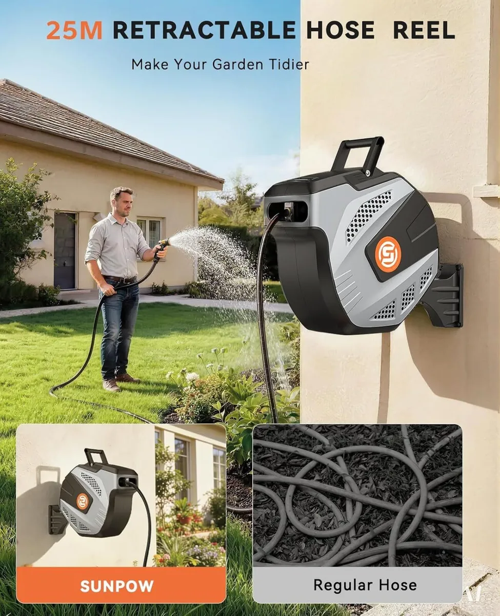 Garden Hose Reel Wall Mounted 25m+2m Retractable - Image 2