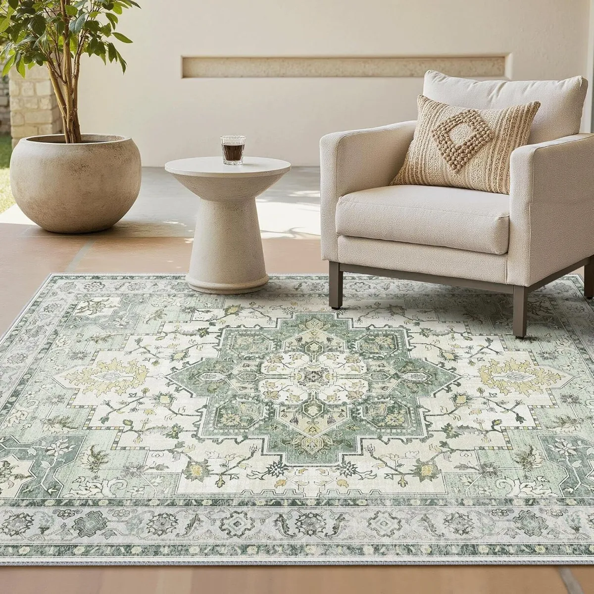 Large Rug Boho Sage Washable Non-Slip Vintage - Image 1