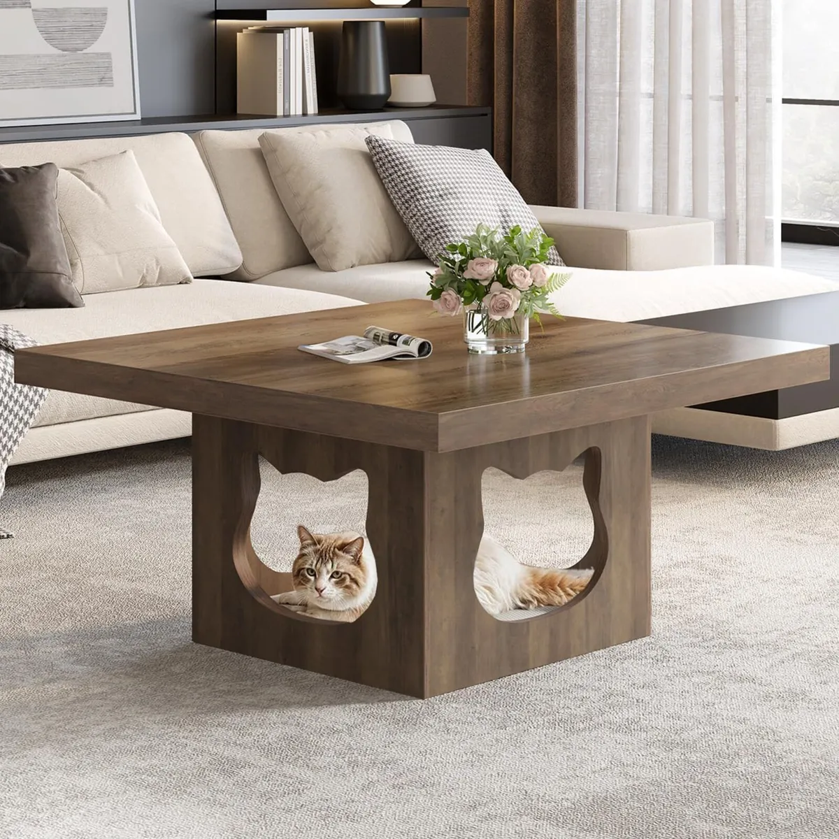 Square Coffee Table Rustic Wood for Living Room - Image 1