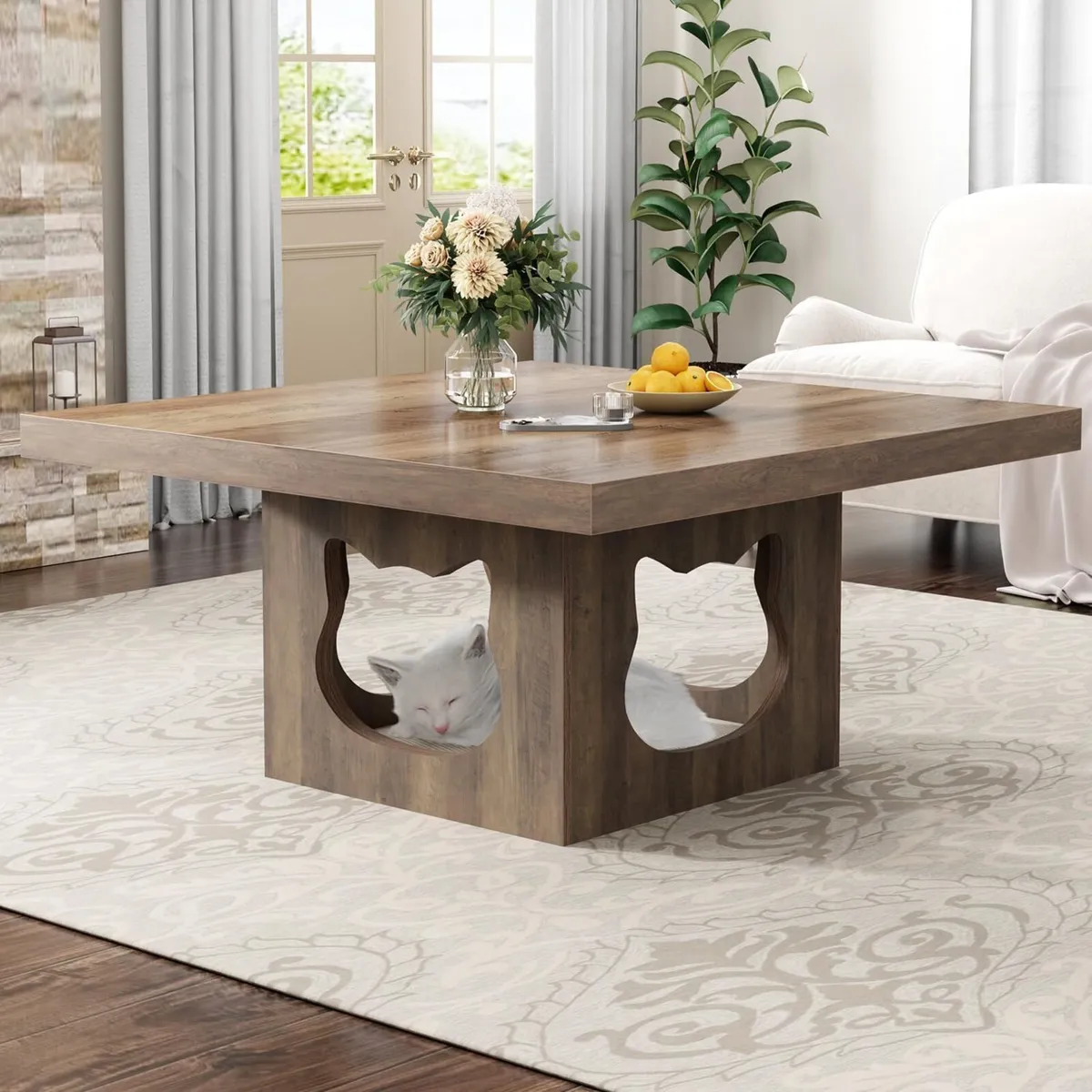 Square Coffee Table Rustic Wood for Living Room - Image 3