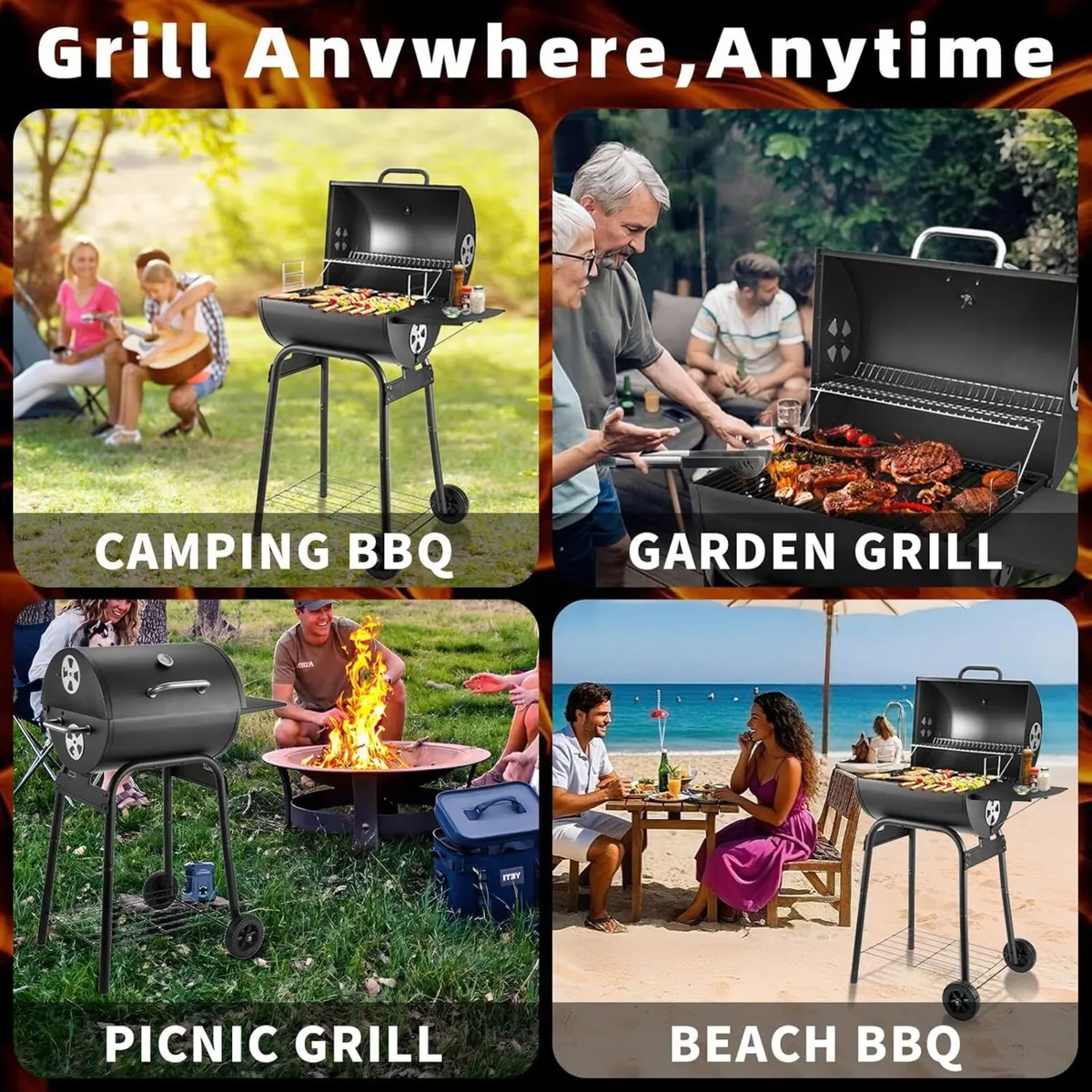 Bbq Grill Smoker with Shelves Portable Barrel - Image 2