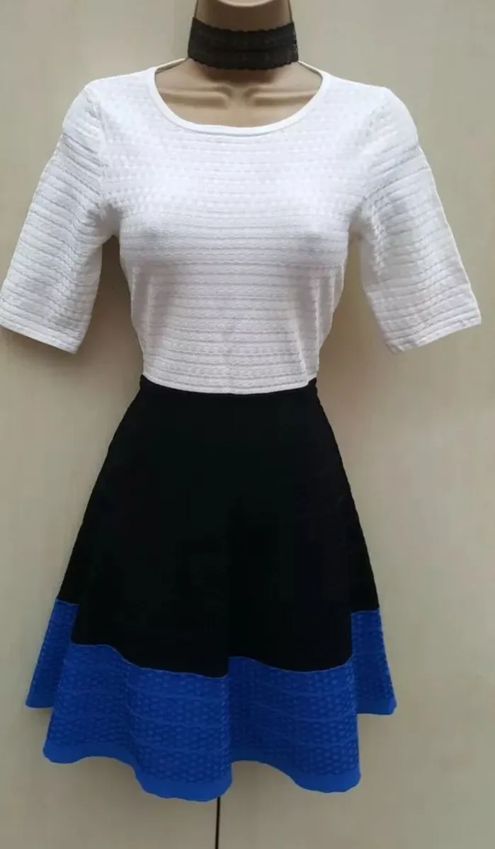 Karen Millen Black, Blue and White Knit Dress - Image 1