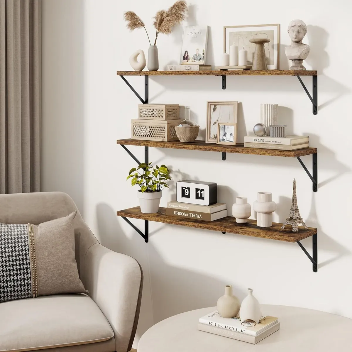 Book Shelf Rustic Shelves Wall Wooden (Set of 3) - Image 2