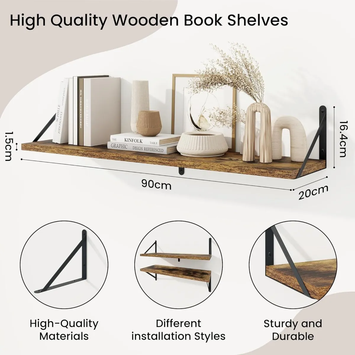 Book Shelf Rustic Shelves Wall Wooden (Set of 3) - Image 3