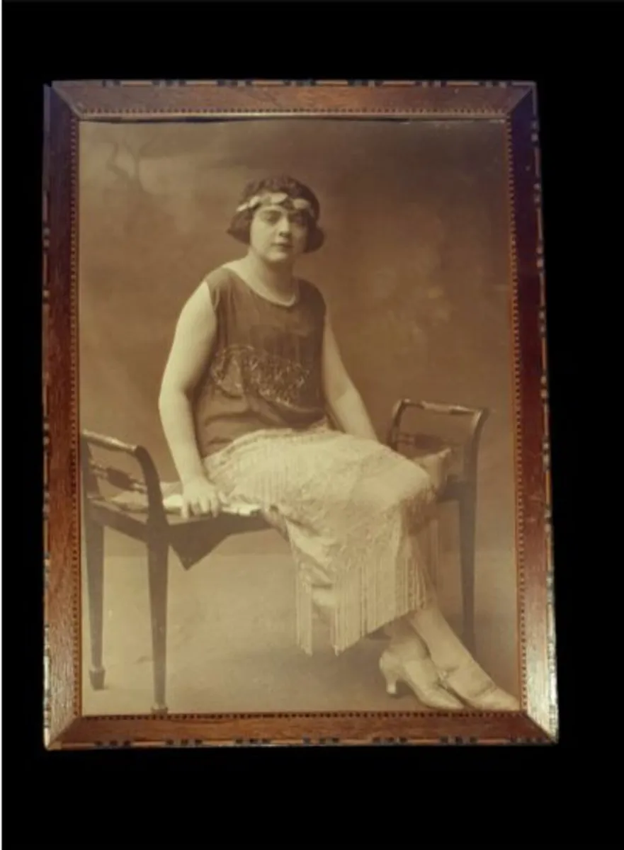 Antique 1920s Portrait in Inlaid Wooden Frame - Image 1