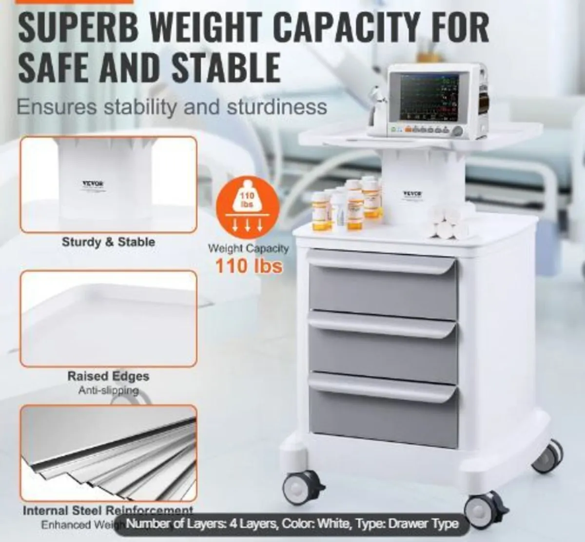 4 Tiers Lab Carts, Lab Utility Cart - Image 3