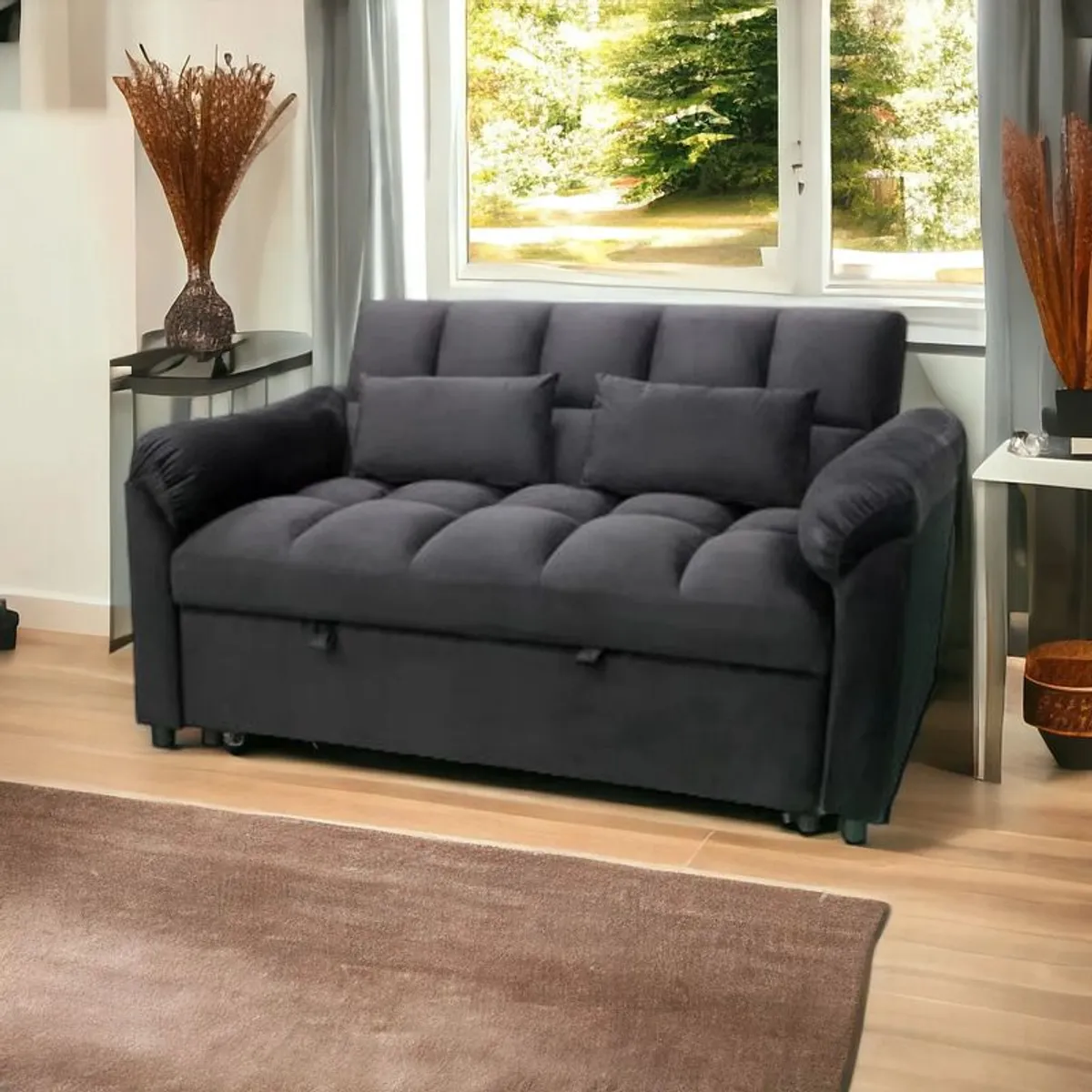 Viral sofa returns Pull Out Black velvet Double Sofa Bed 2 Seater Sleeper - Image 1
