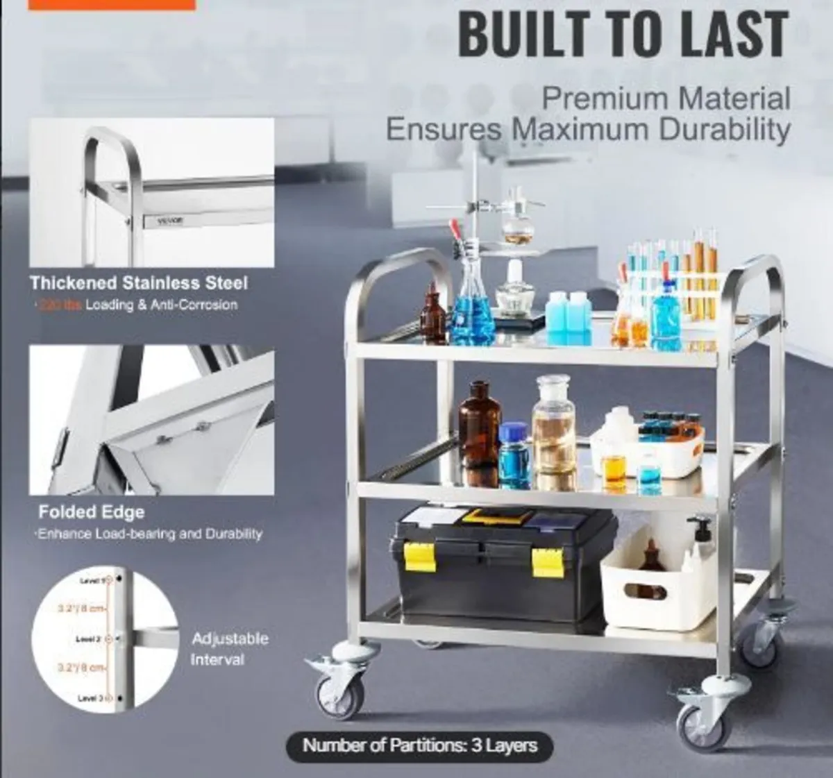 Stainless Steel Cart, 3 Layers Lab Utility Cart - Image 3