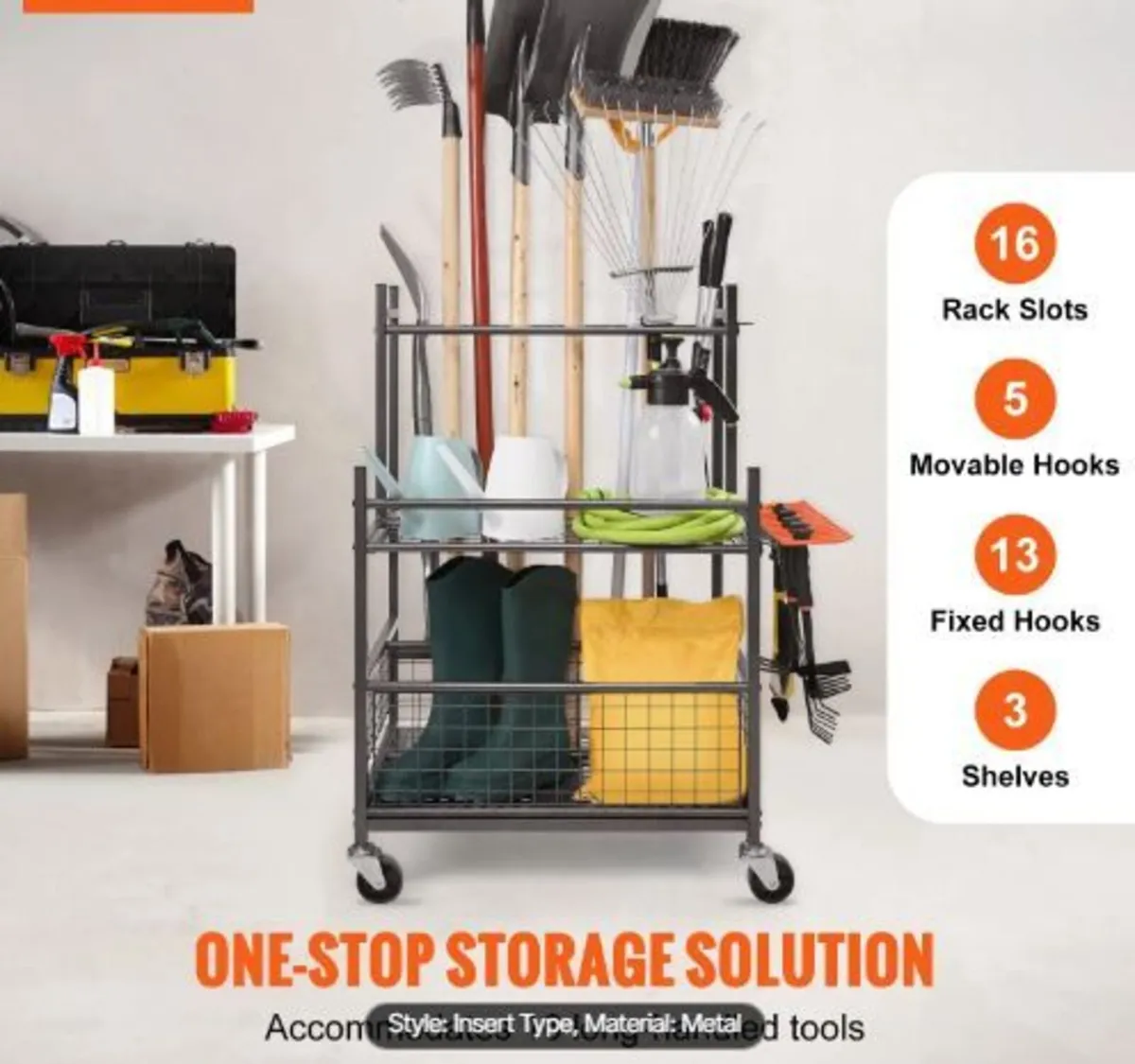 Garden Tool Organizer, 16 Slots with Hooks - Image 1