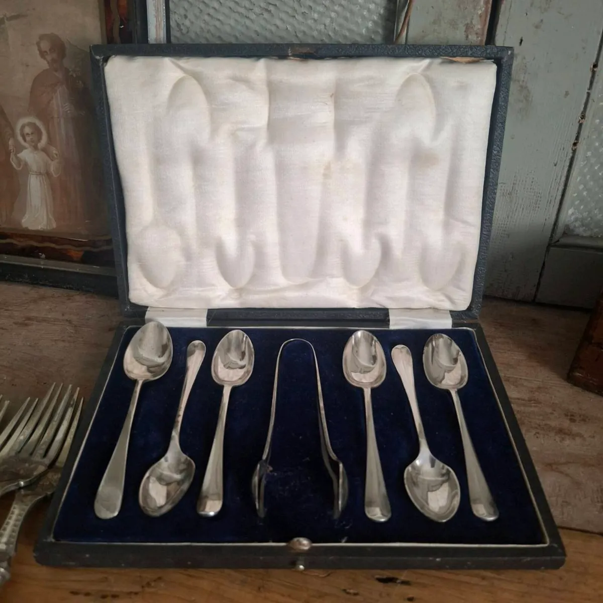 Antique Silverplate  Teaspoons & Sugar Tongs - Image 1