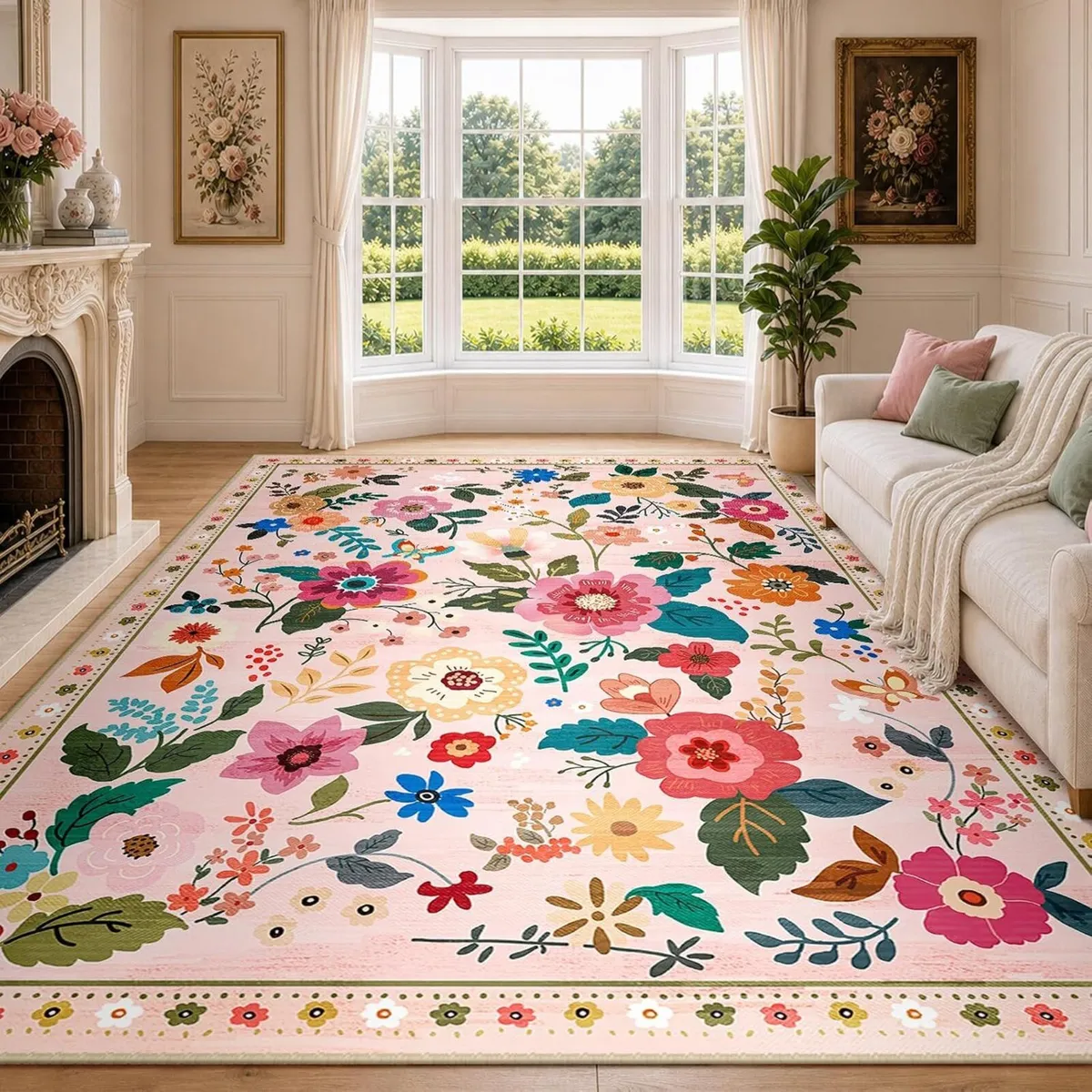 Rugs Living Room Machine Washable Floral Rug - Image 1