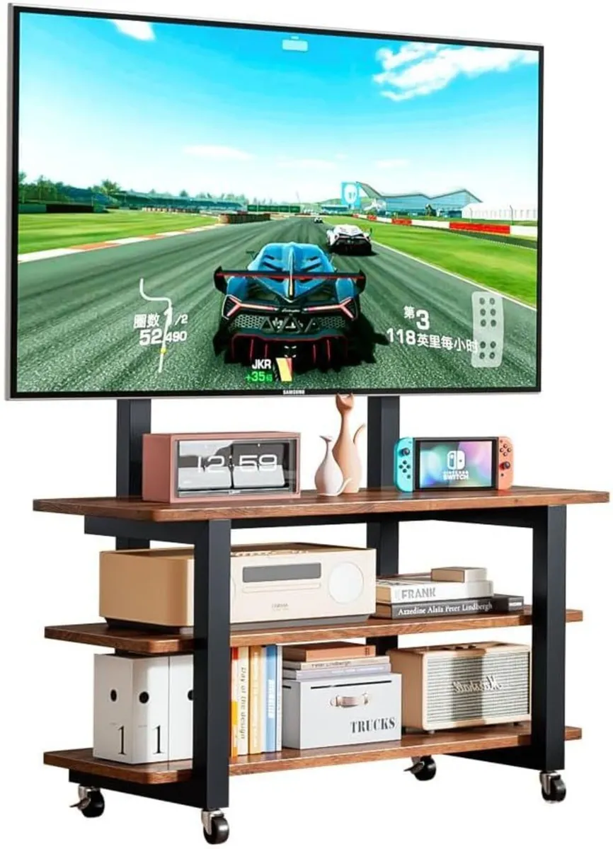 3-Tier Rolling TV Stand with Storage Shelves - Image 1