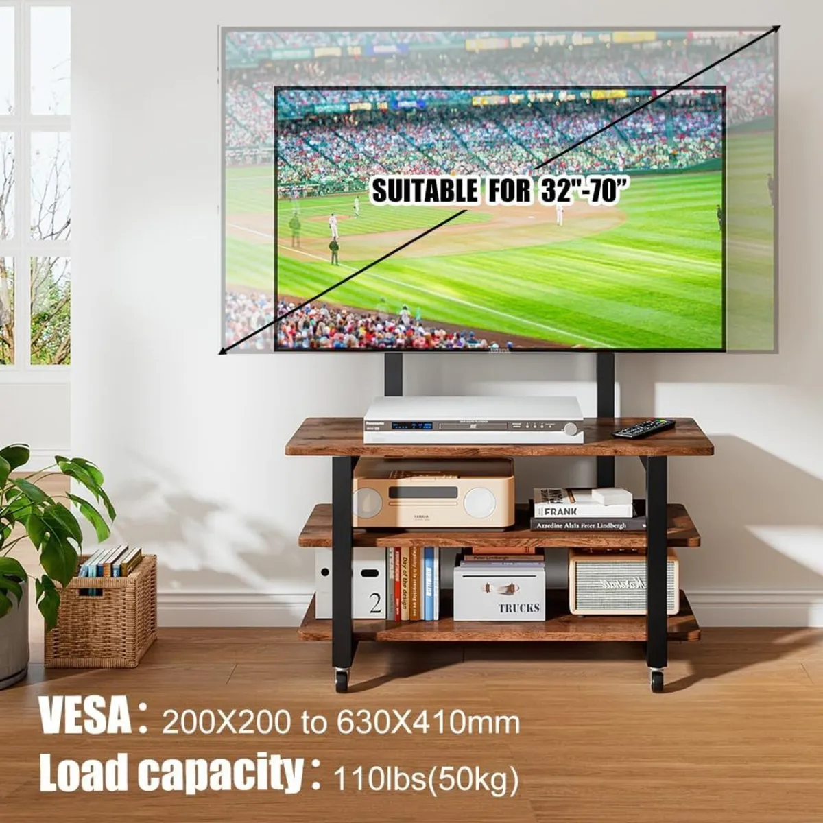 3-Tier Rolling TV Stand with Storage Shelves - Image 4