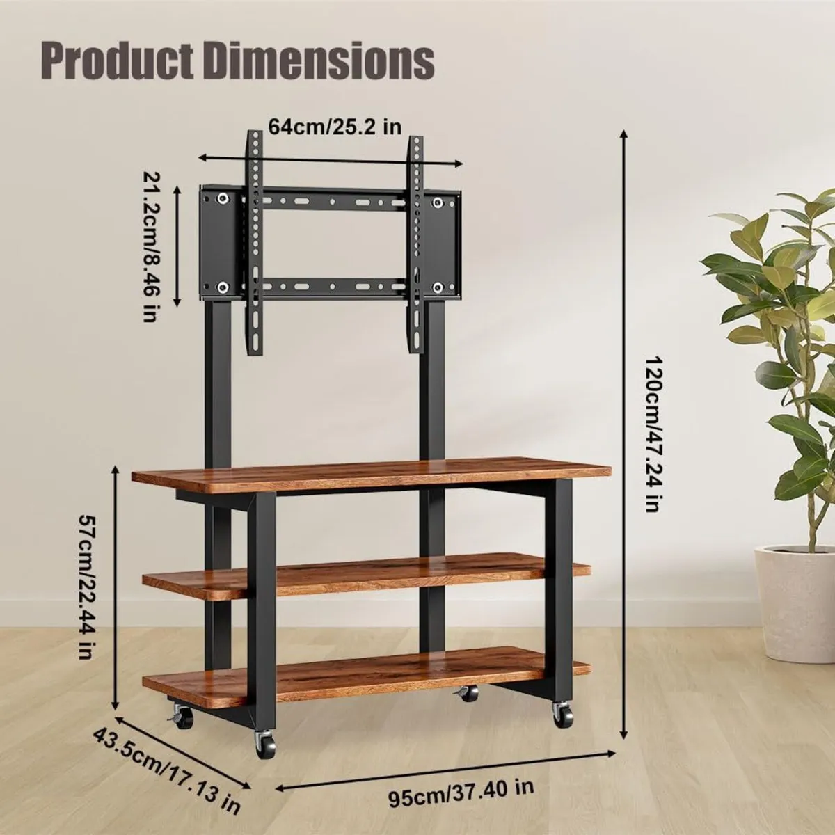 3-Tier Rolling TV Stand with Storage Shelves - Image 2