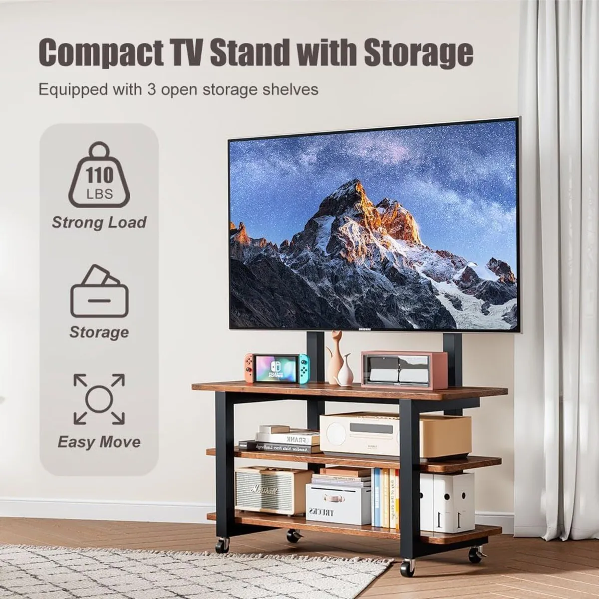 3-Tier Rolling TV Stand with Storage Shelves - Image 3