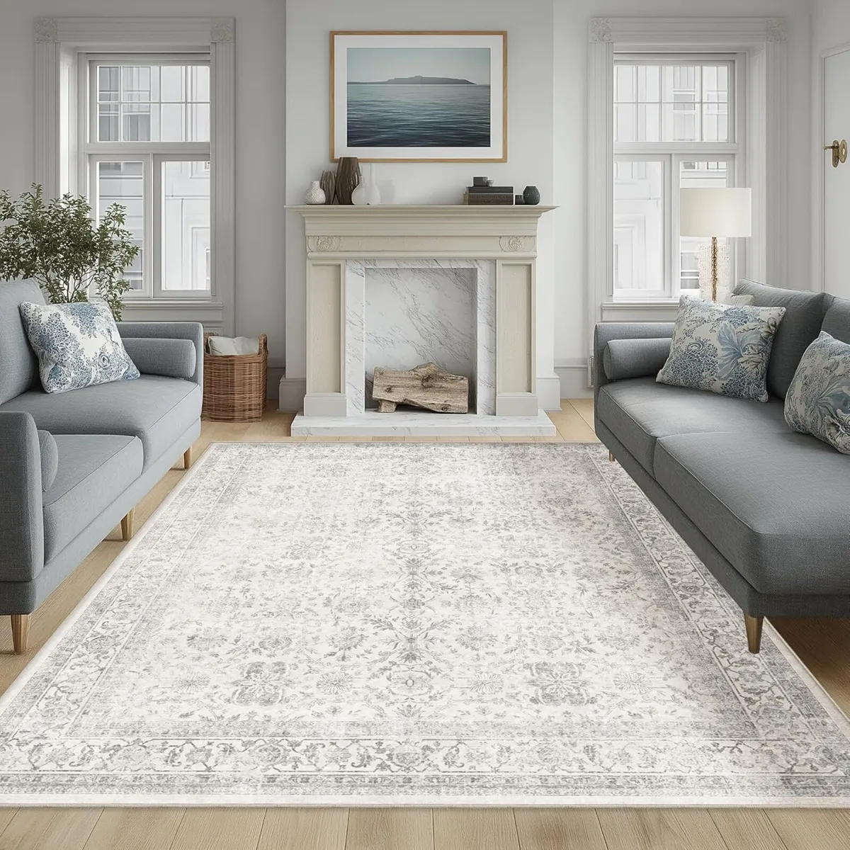 Washable Area Rug Vintage Neutral Distressed - Image 1
