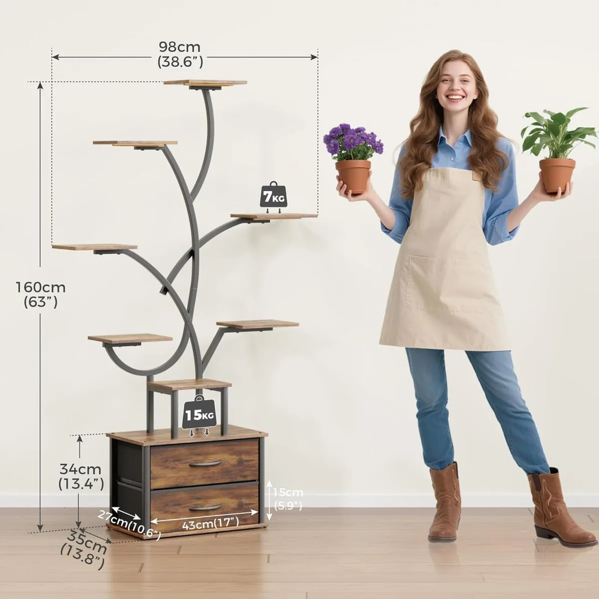 Plant Stand Indoor 9-Tier 160CM 2 Storage Drawers - Image 2