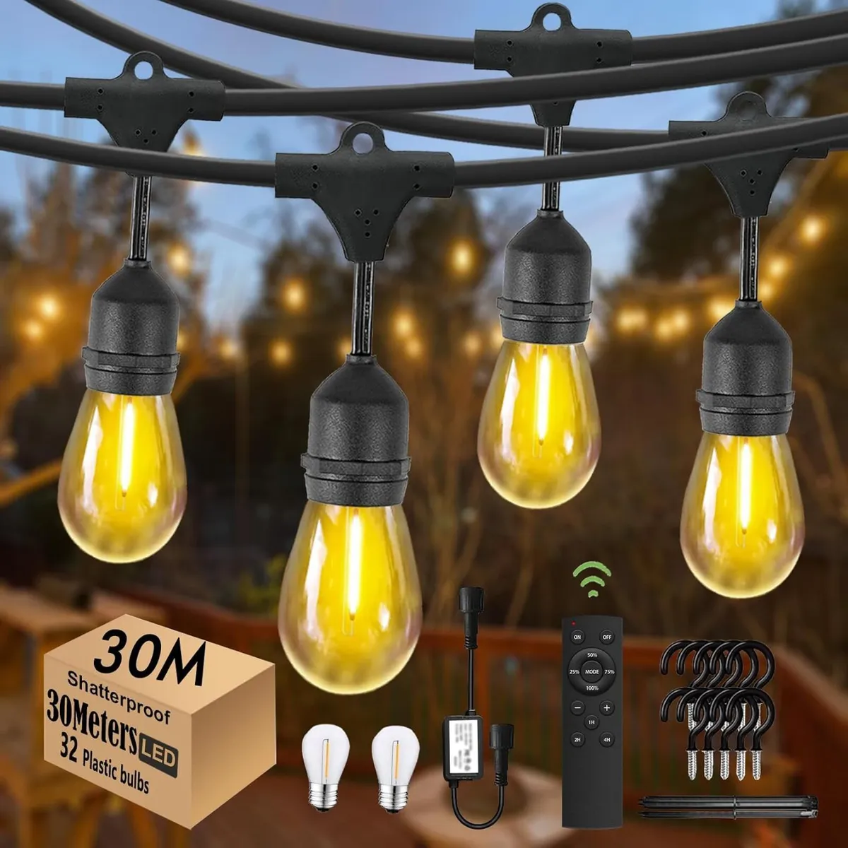 30m Festoon Lights Outdoor with Dimmerremote 32 - Image 1