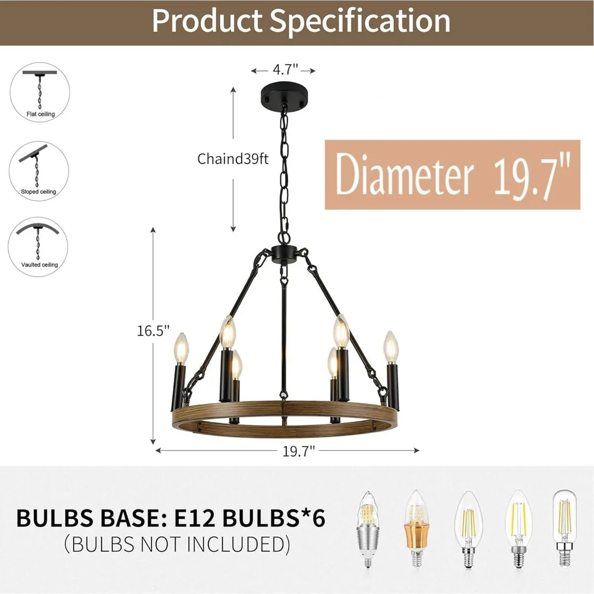 19.7" Farmhouse Chandelier 6 Lights Wagon Wheel - Image 3