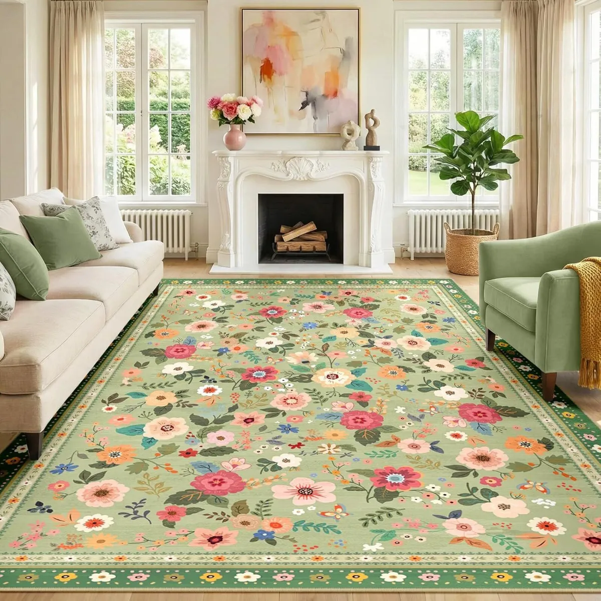 Washable Rug Floral Print Living Room - Image 1