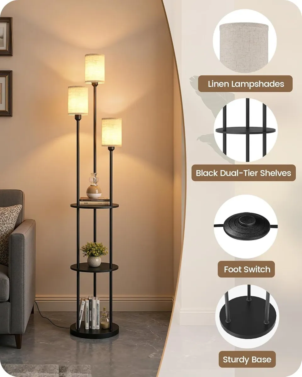 Floor Lamp with Shelves Modern 3 Linen Shades - Image 4