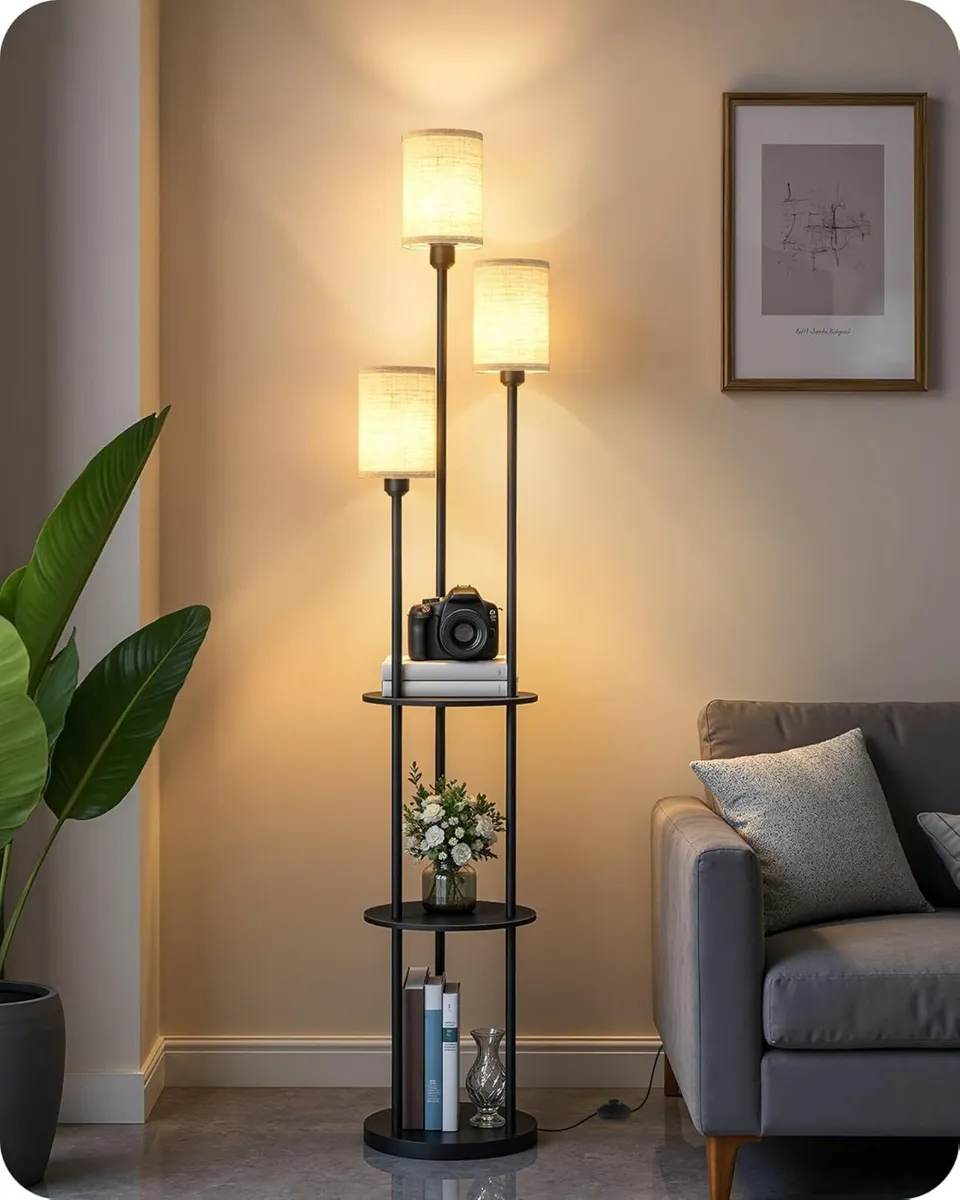 Floor Lamp with Shelves Modern 3 Linen Shades - Image 1