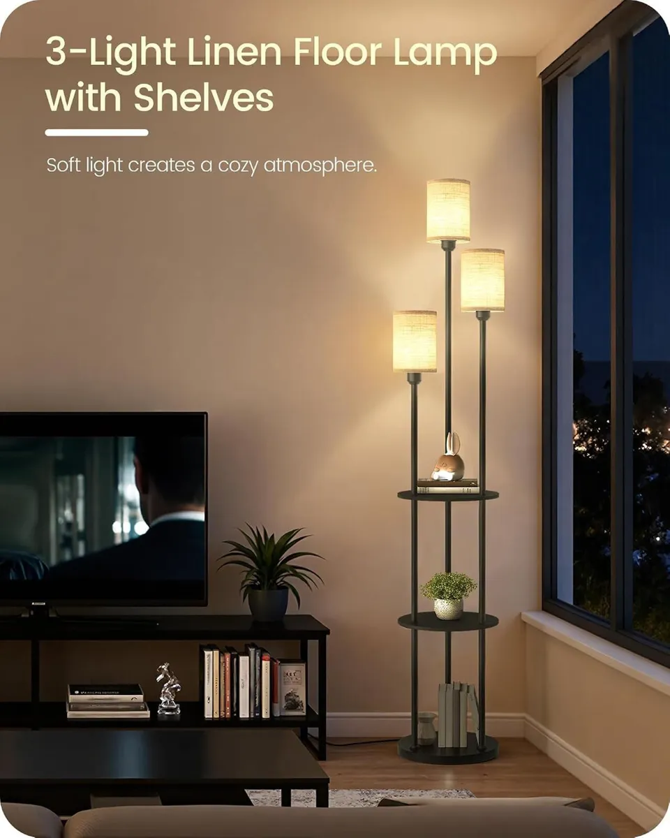 Floor Lamp with Shelves Modern 3 Linen Shades - Image 2