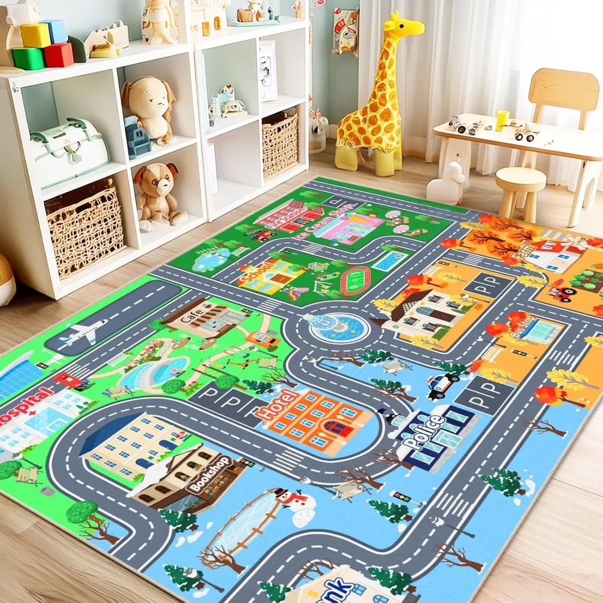Washable Kids Rug for Playroom City Life Road - Image 1