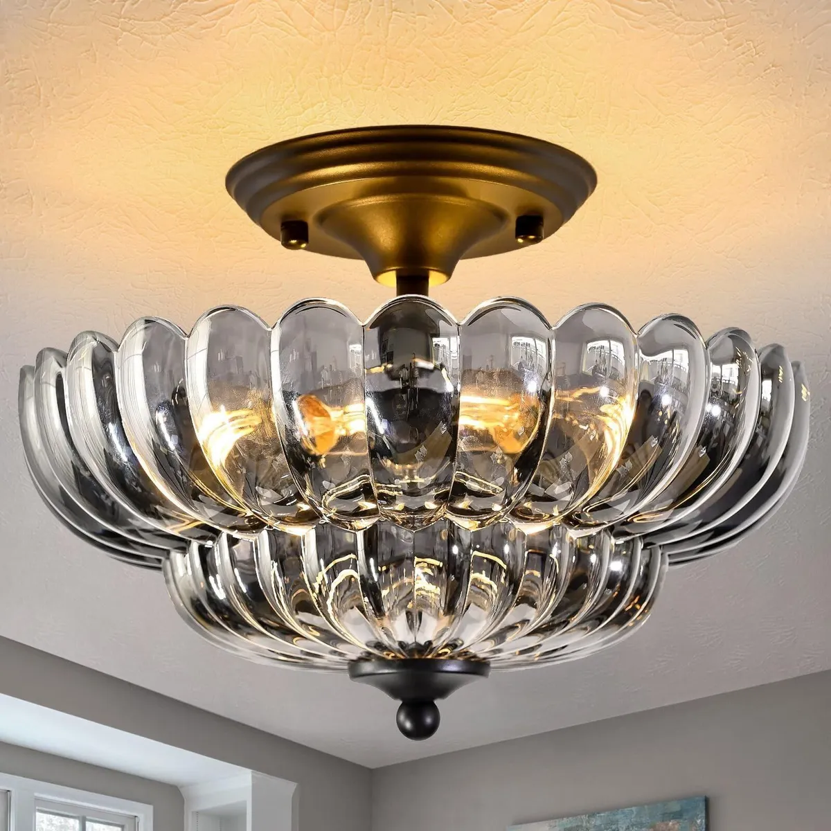 Semi Flush Mount Ceiling Light Smoky Glass Fixture - Image 1