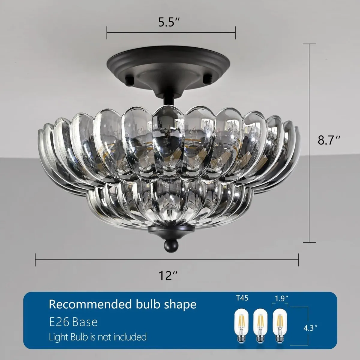 Semi Flush Mount Ceiling Light Smoky Glass Fixture - Image 4