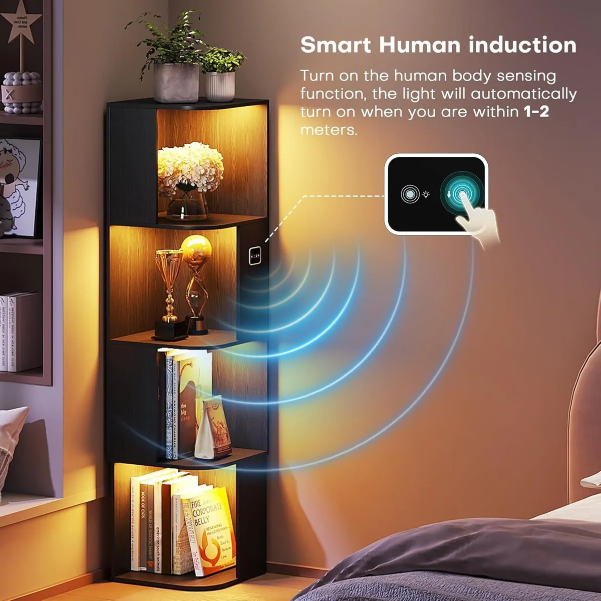 55.1 " Corner Wood Bookcase with Body Sensor - Image 4