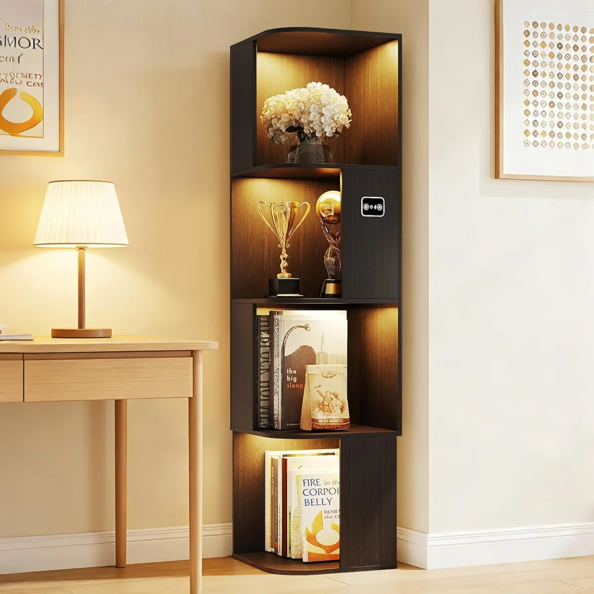 55.1 " Corner Wood Bookcase with Body Sensor - Image 1