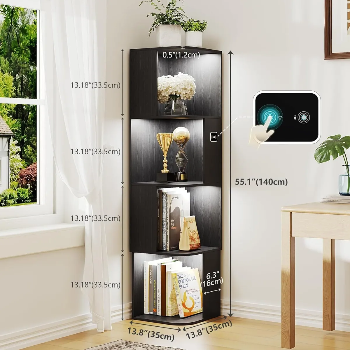55.1 " Corner Wood Bookcase with Body Sensor - Image 2