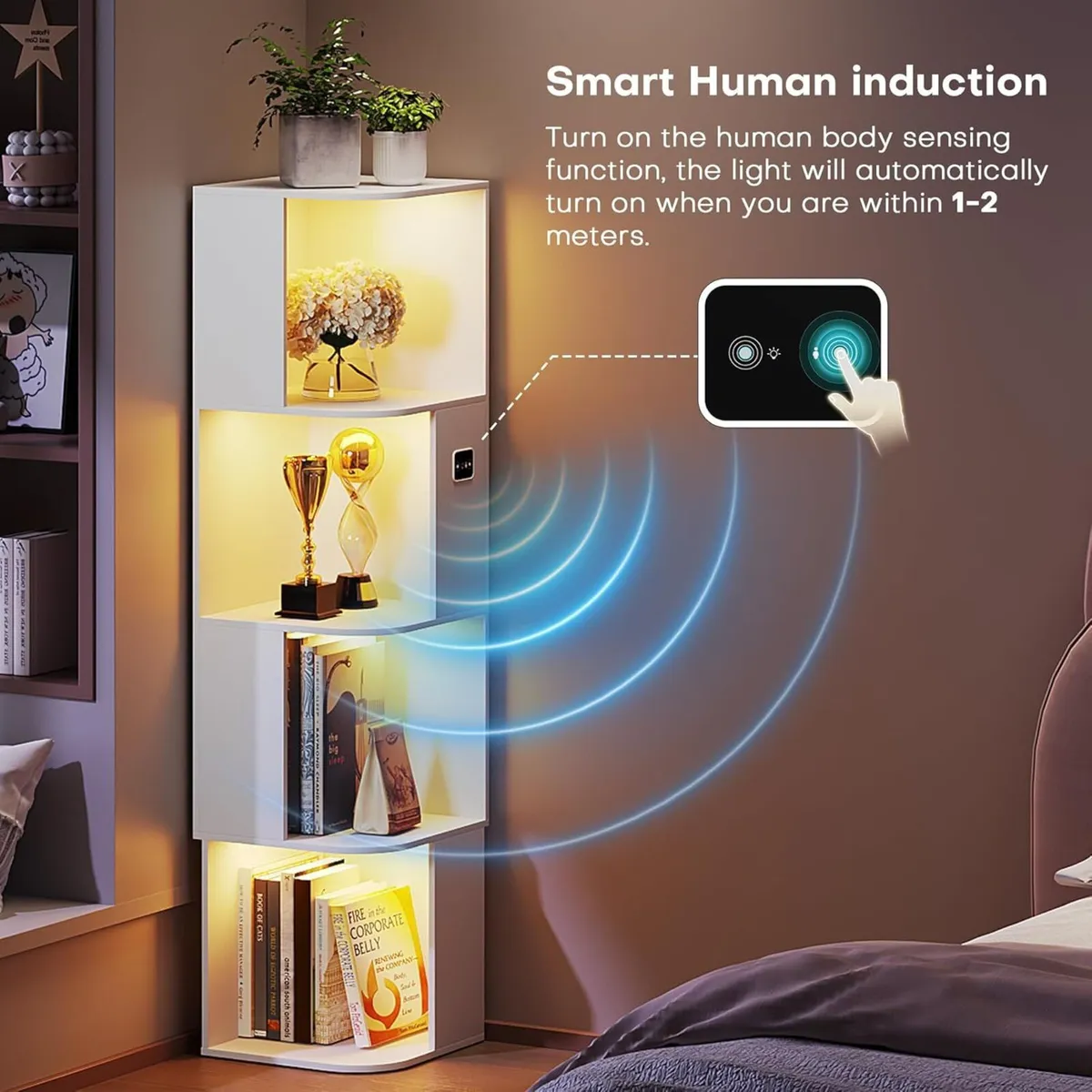 55.1 " Corner Wood Bookcase with Body Sensor - Image 4