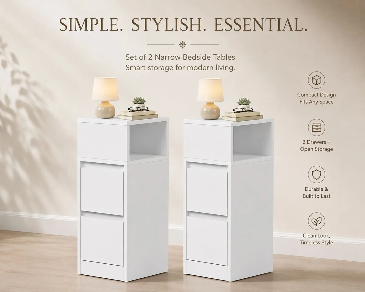 Set of 2 Narrow Bedside Tables with 2 Drawers Whit - Image 1