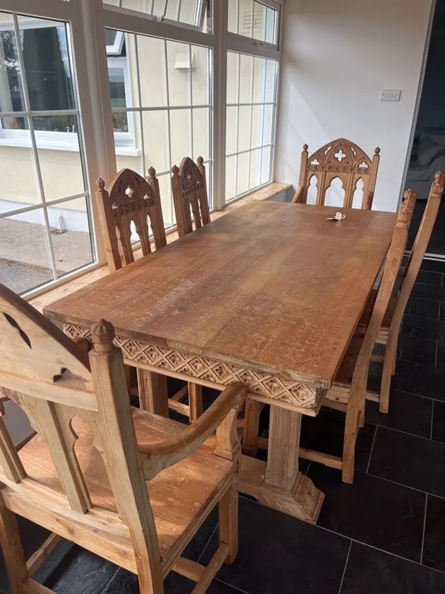 Old gothic type table and chairs - Image 1