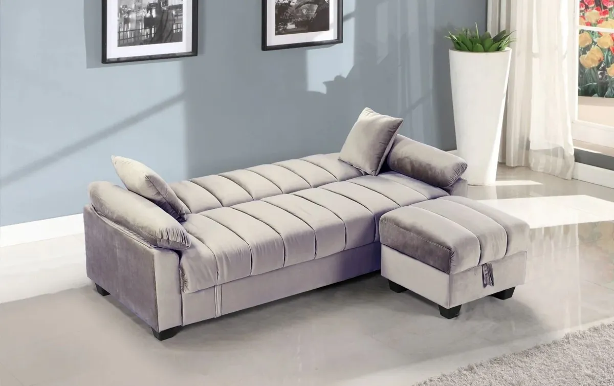 Sofa Bed with Storage & Pouffe 210cm Yadhi Grey 3 - Image 2