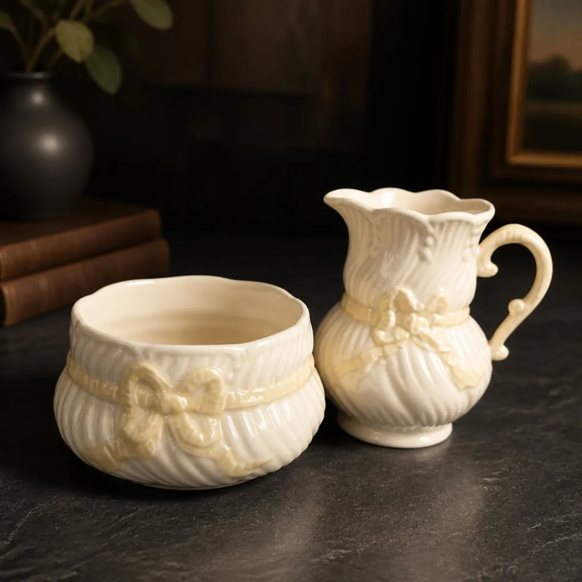 Vintage Belleek creamer&sugar bowl - Image 1