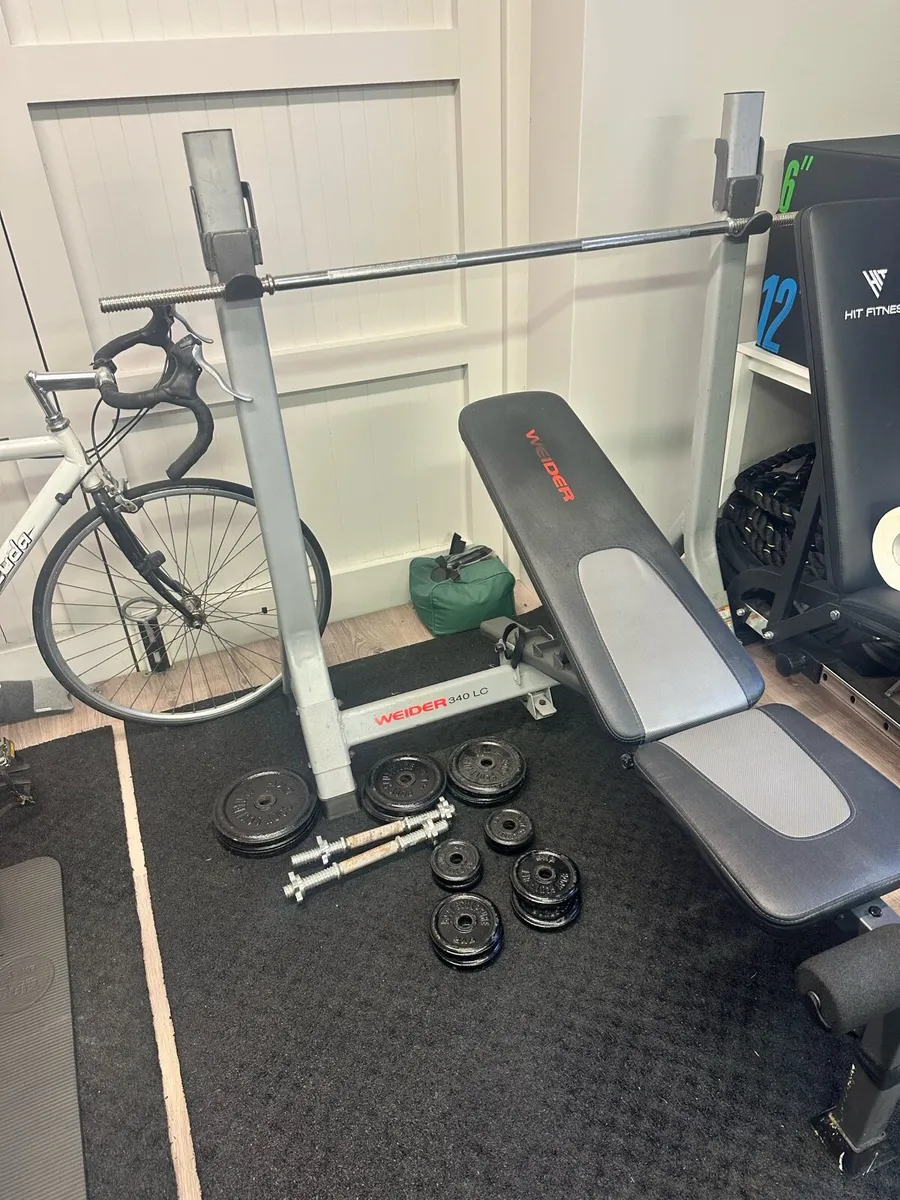 Gym bench, weights and bars - Image 1