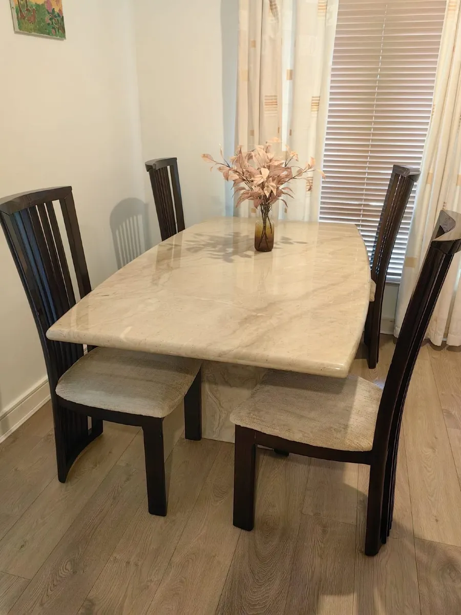 Dining Table + 4 Chairs - Solid Marble Top - Image 1