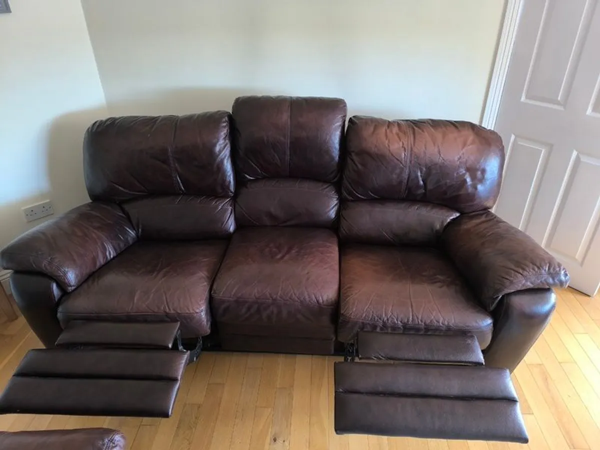 Brown Leather Reclining Suite (3-Seater Sofa and 2 Armchairs) - Image 2