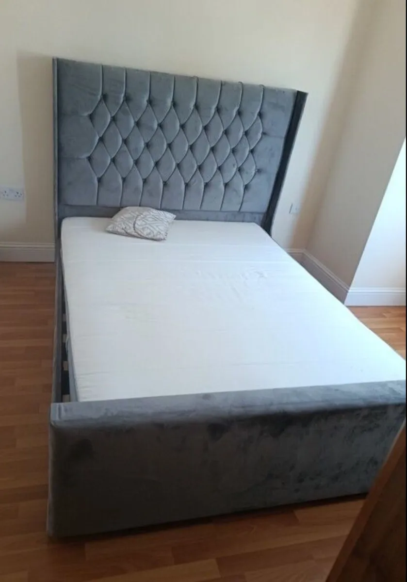As New - Solid Grey Suede Fabric King Size Bed - Image 1