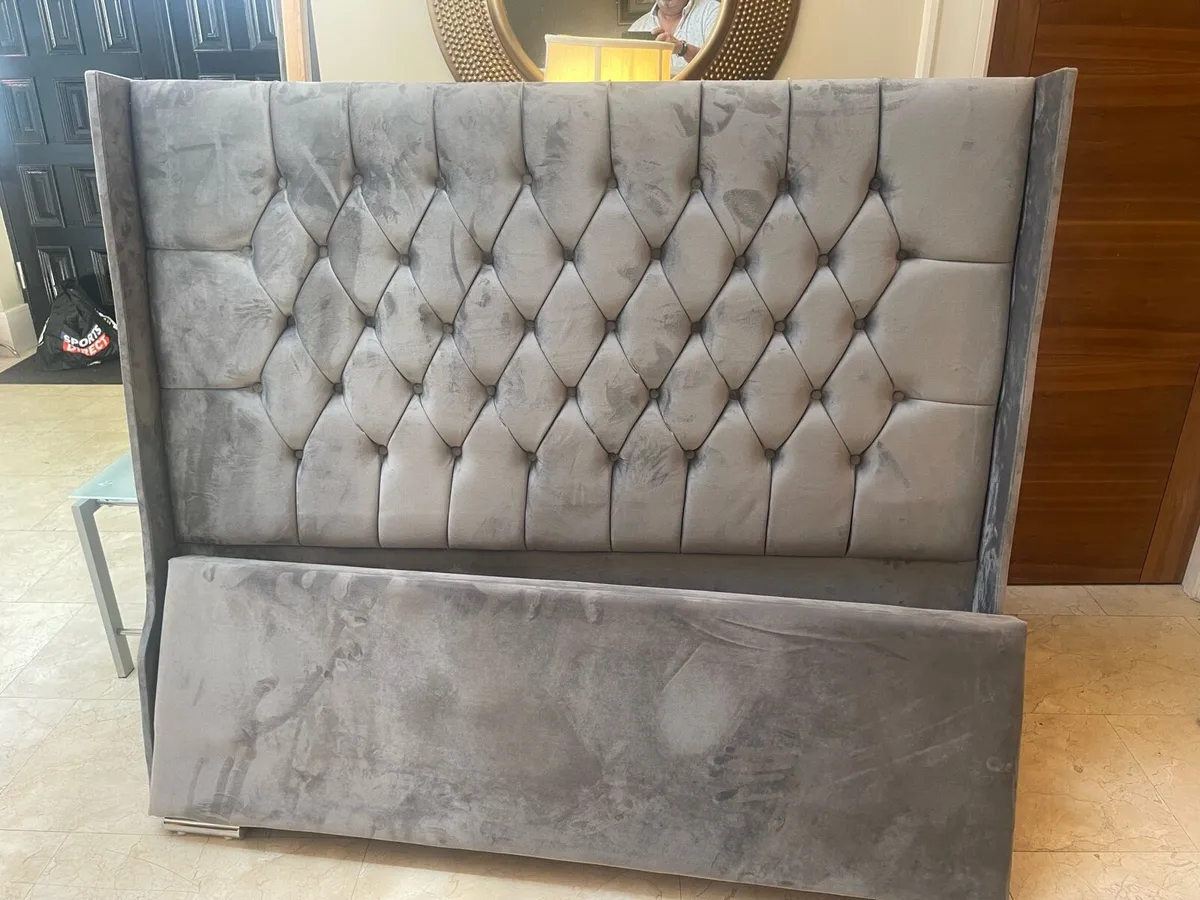 As New - Solid Grey Suede Fabric King Size Bed - Image 2