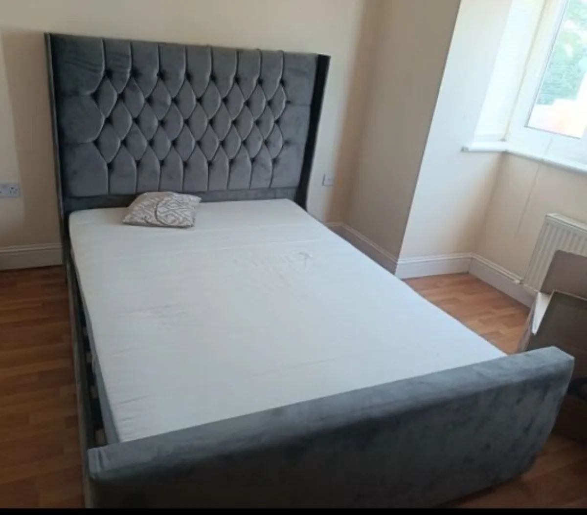 As New - Solid Grey Suede Fabric King Size Bed - Image 3