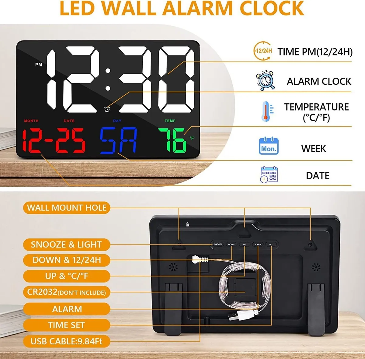 Digital Clock 11.5 Inch LED Time Date Display - Image 4